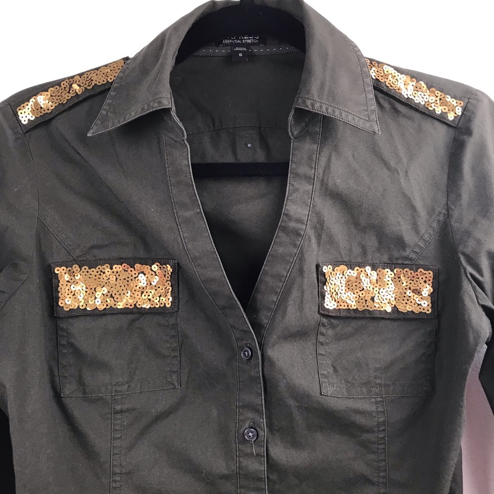 Express Army Green Button Down Sequin Detail 69-3 - image 2